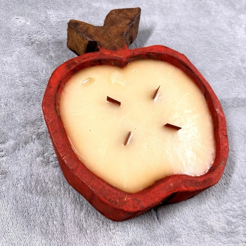 Apple Shaped Wood Bowl Candle 5 Wick Red Rustic‎ Farmhouse Fall Decor